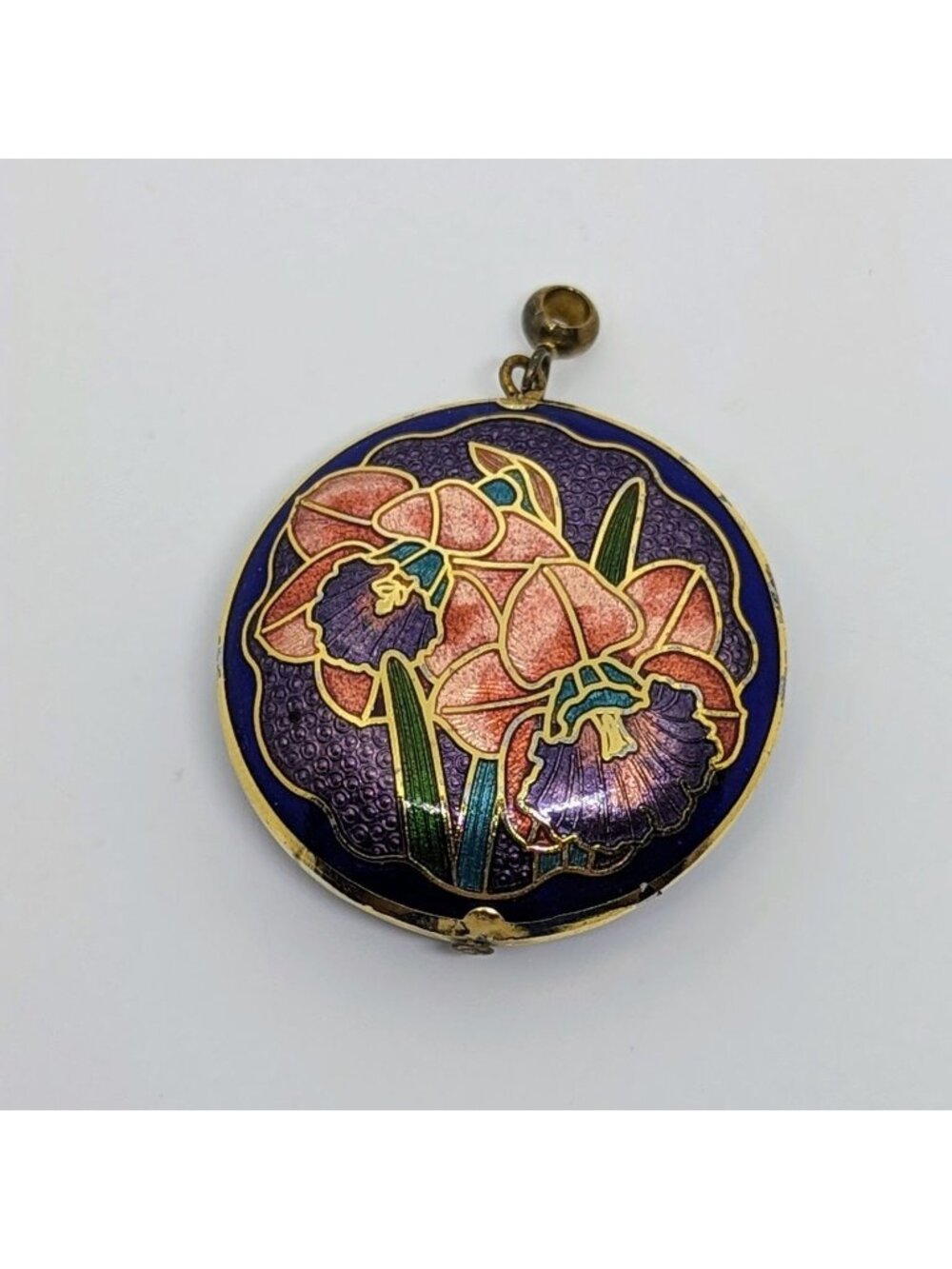 Vintage Cloisonne Daffodil Circle Pendant Pink Purple Floral 80s Enamel Retro - Picture 1 of 2